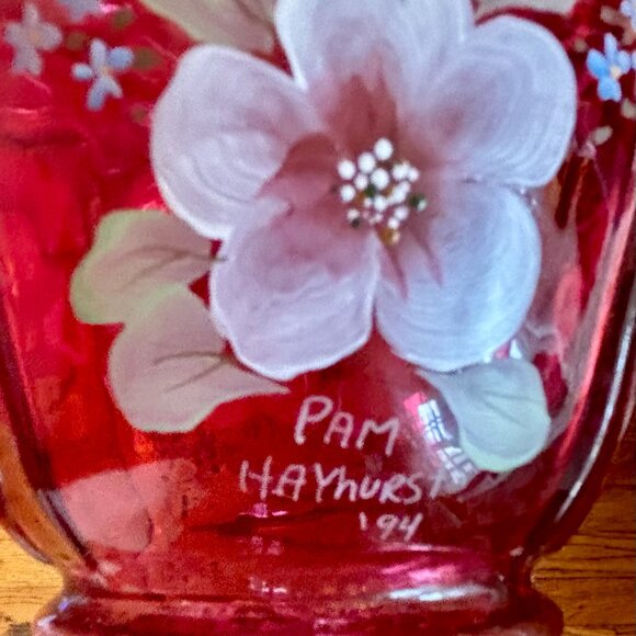 Fenton Glass Basket Cranberry Opalescent Open Heart Arches Bill and George - Picture 2 of 13